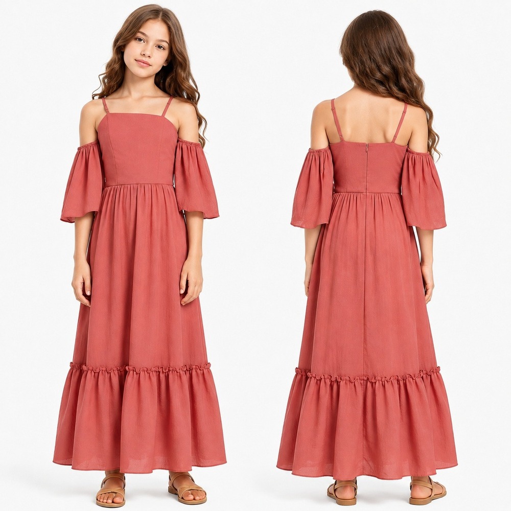 Joyfolie Chloe Dress Mia Joy Girls Size 12 Pink Off Shoulder Ruffle Hem Party